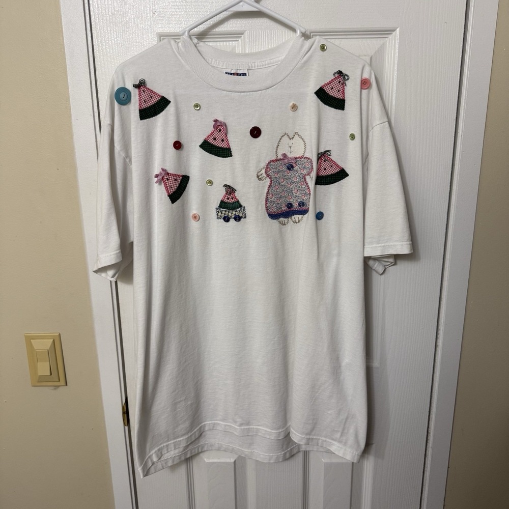 RARE 90's Women's XL Handcrafted Fabric/Button T-Shirt